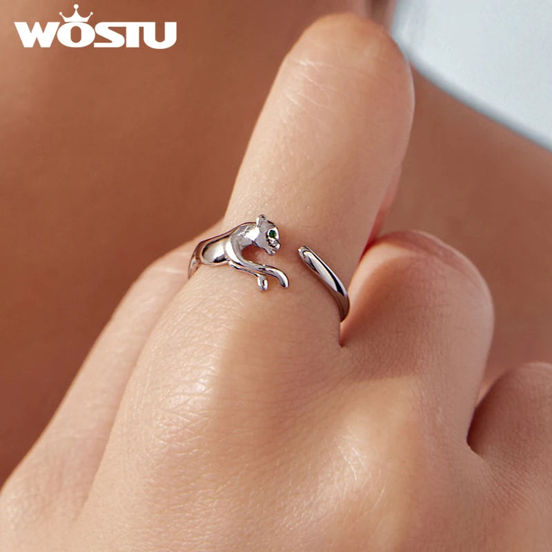WOSTU S925 Silver Panther Leopard Ring for Women, Elegant Big Cat Animal Adjustable Rings With Green Crystal Eyes Statement Gift