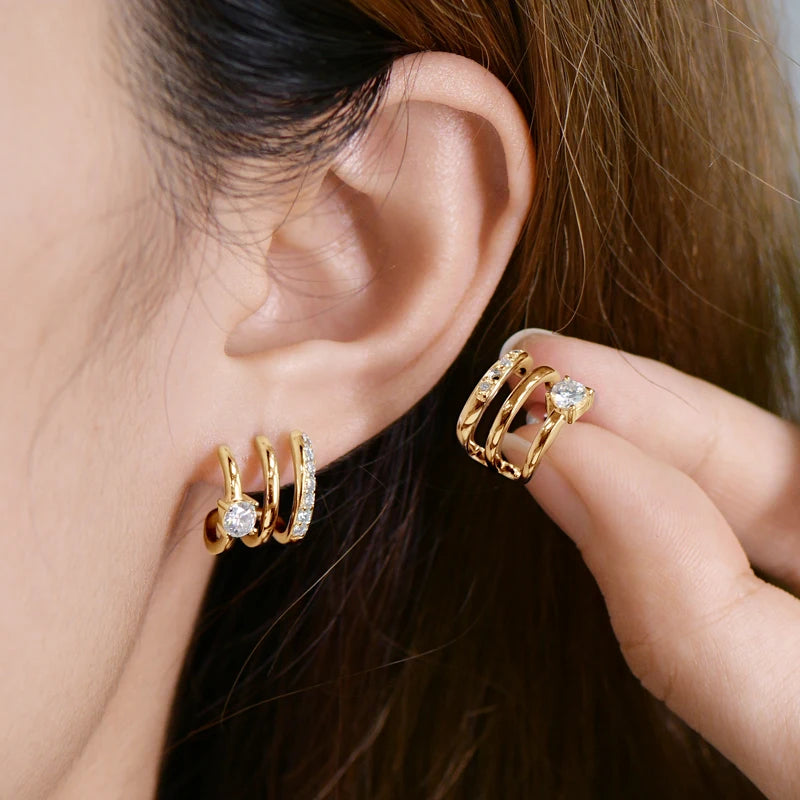 OXTAO Round Moissanite Hoops Earrings Fashion Half Open Cuff Real 925 Silver Piercing Stud Earrings Jewelry Gift for Women