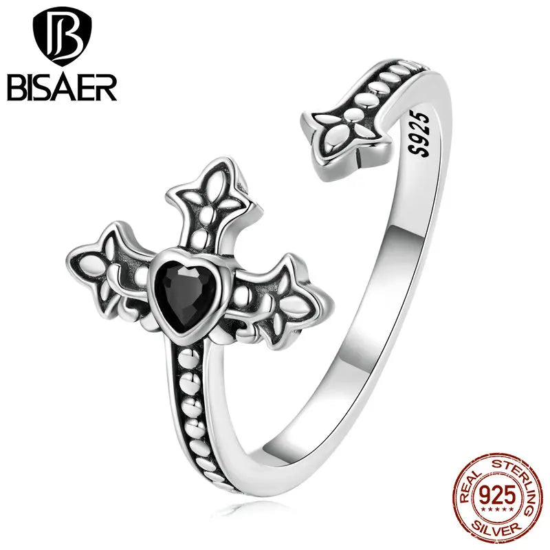 BISAER Real 925 Sterling Silver Vintage Cross Open Ring Black Zircon Band Adjustable Size 5-9 for Women Party Fine Jewelry