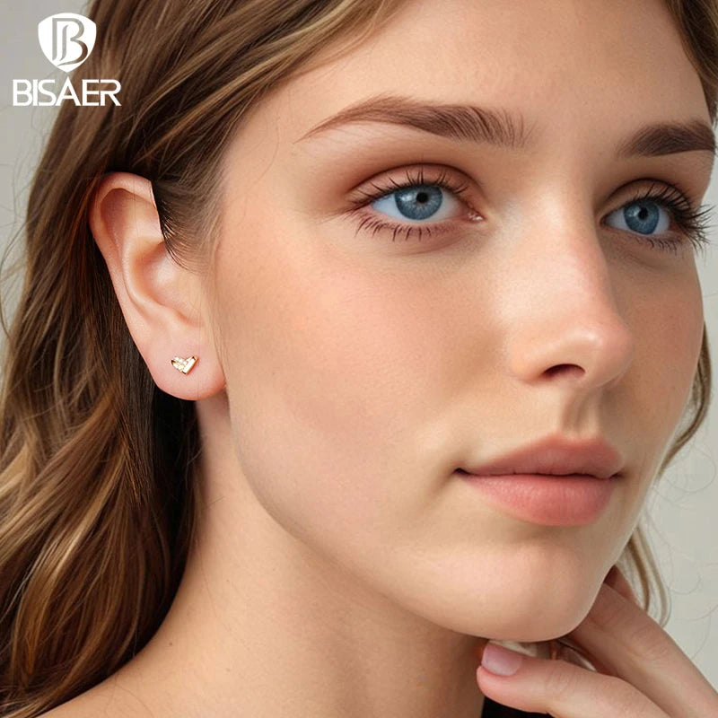 BISAER Heart Gold 18K Stud Earring,925 Sterling Silver Hypoallergenic Dainty Lightweight Studs Ear For Woman Party Fine Jewelry