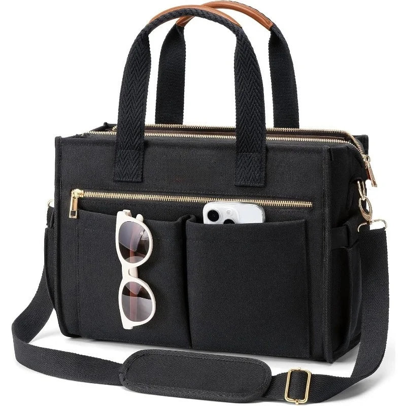 15-Pocket Large Crossbody Tote Bag with Laptop Compartment, Zipper Closure & 15-Pocket Organization - Heavy-Duty Nylon Bookbag