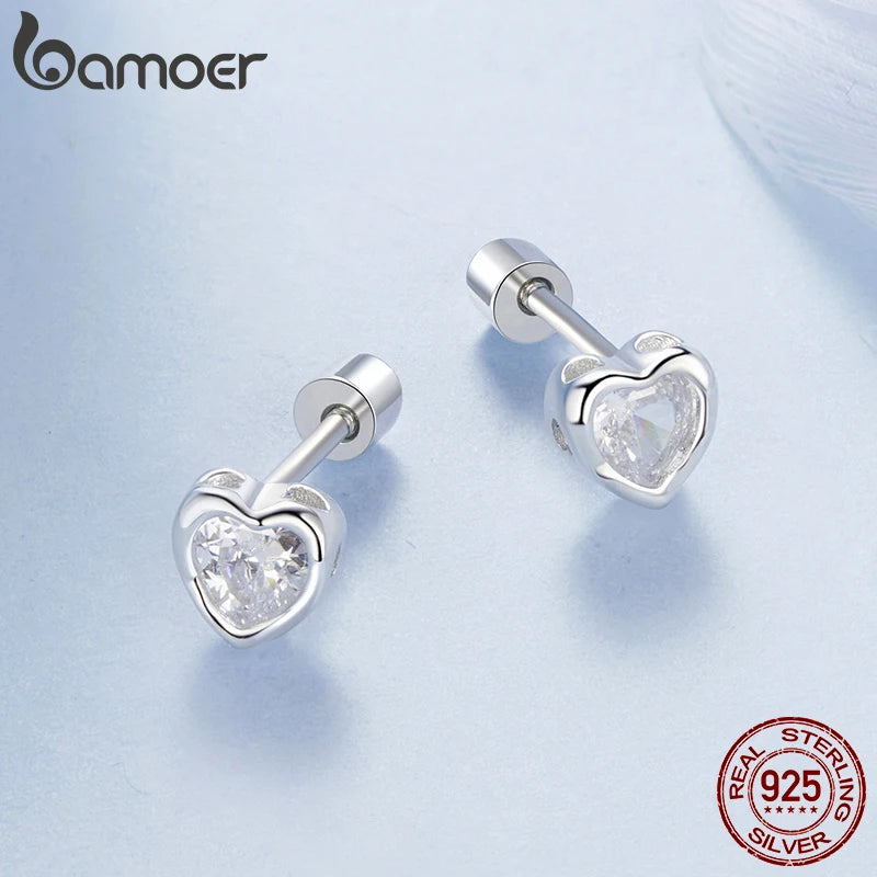 BAMOER 925 Sterling Silver Classic Heart CZ Stud Earrings for Women, White Gold Plated Hypoallergenic Solitaire Earrings BSE1103