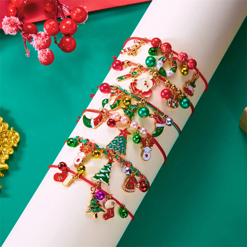 Christmas Handwoven Braided Bracelet For Women Santa Claus Xmas Tree Snowman Crutch Wreath Bell Beaded Adjustable Bracelets