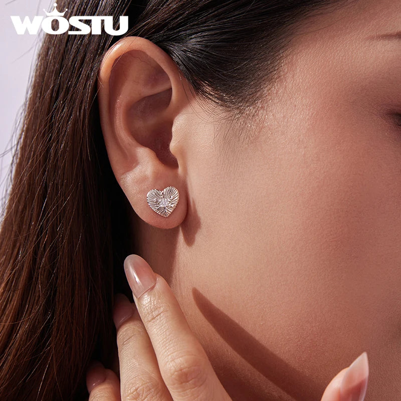 WOSTU 925 Sterling Silver Snowflake Heart Stud Earrings For Women, Winter Jewelry AAA Zircon Ear Studs Xmas New Year Gift