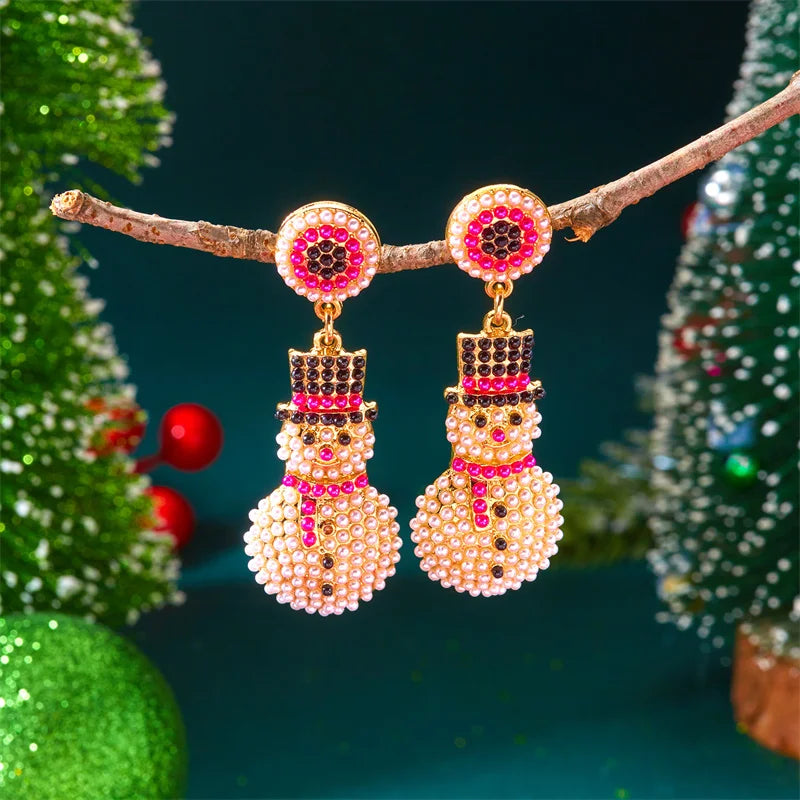 Christmas Full Imitation Pearl Snowman Dangle Earrings For Women Creative Colorful Candy House Elk Santa Claus Earring Jewelry