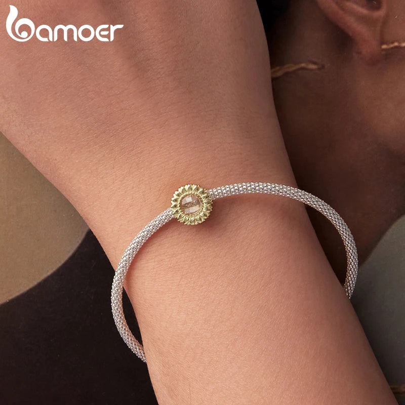 BAMOER Sonnenblumen-Anhänger aus 925er Sterlingsilber, transparent rosa Blume, mondförmiger Lebensbaum-Anhänger, Perlen zum Selbermachen, origineller Schmuck