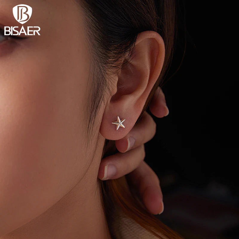 BISAER Real 925 Sterling Silver Star Stud Earrings Minimalist Stars Earrings Plated White Gold for Women Party Fine Jewelry Gift
