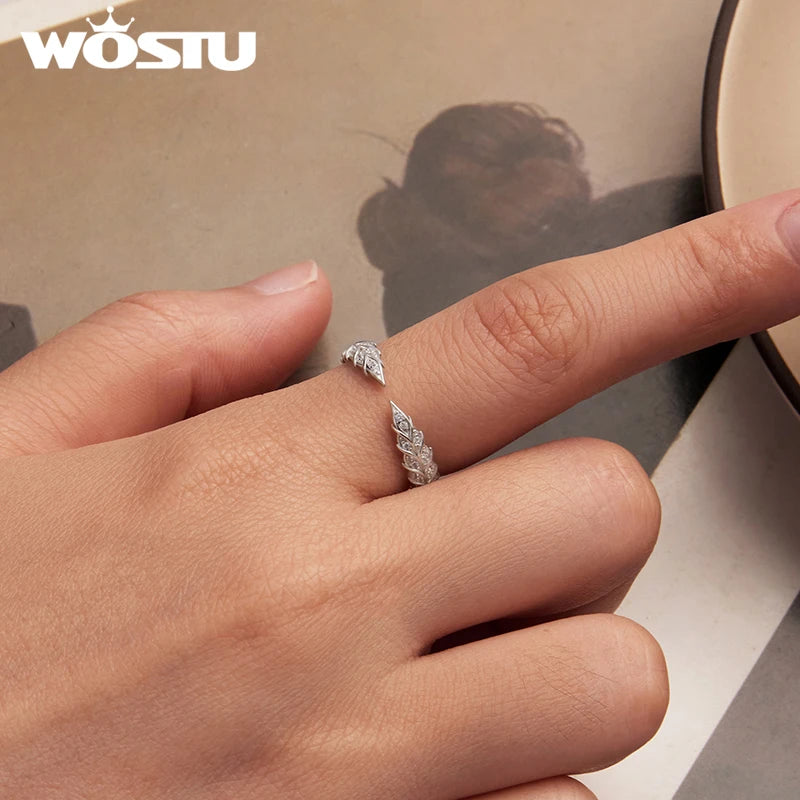 WOSTU 925 Sterling Silver AAA Zircon Wheat Opening Ring Hoop Earrings For Women Wedding Engagement Jewelry Set Fine Gift