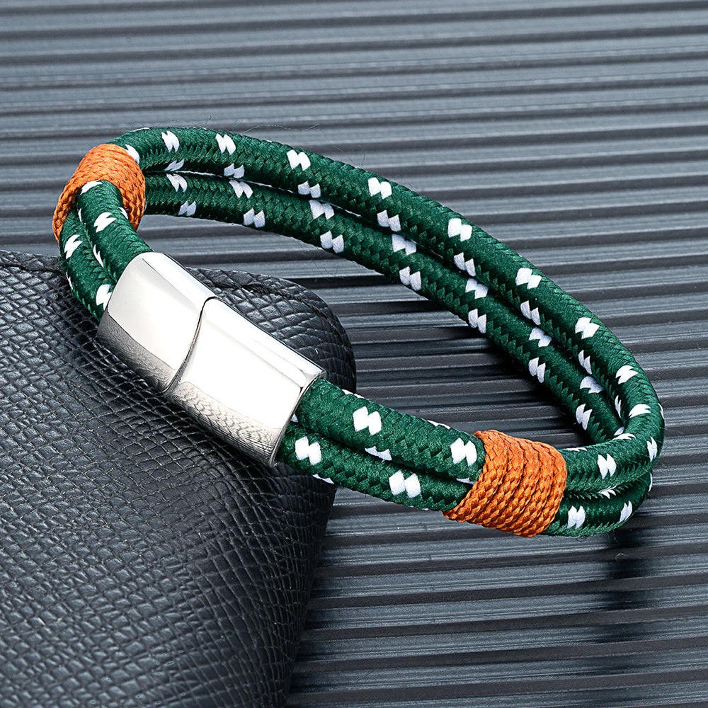 MKENDN Simple Style Men Women Braided Natical Nylon Rope Bracelet Polished Stainless Steel Magnetic Buckle Bracelet Gifts Homme