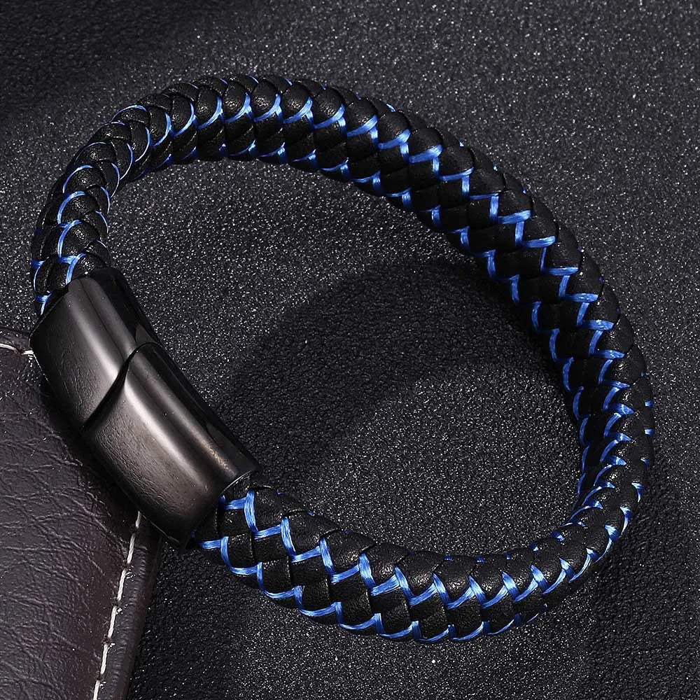 MKENDN Punk Men Braided Genuine Braided Blue Leather Bracelet Black Stainless Steel Magnetic Buckle Bracelet Gifts Homme Pulsera