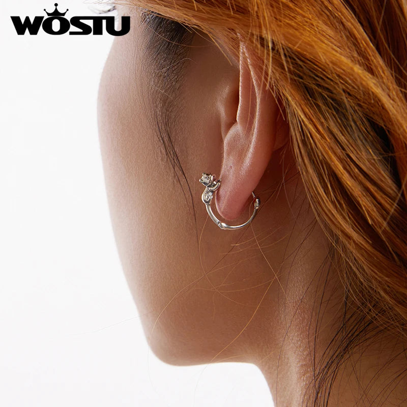WOSTU Solid 925 Sterling Silver Cat Hoop Earrings For Women Lovely Pet Animal Ear Hoops Birthday Gift For Girl Daughter