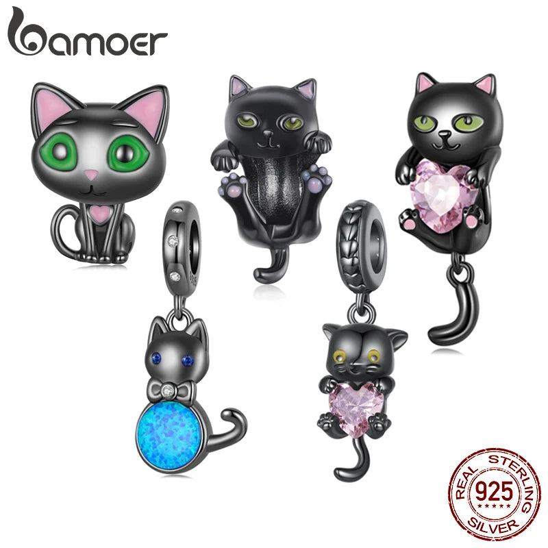BAMOER Solid 925 Sterling Silver Opal Black Cat Charm Bead fit Original Bracelet & Necklaces Jewelry DIY bamoer Animal Charm