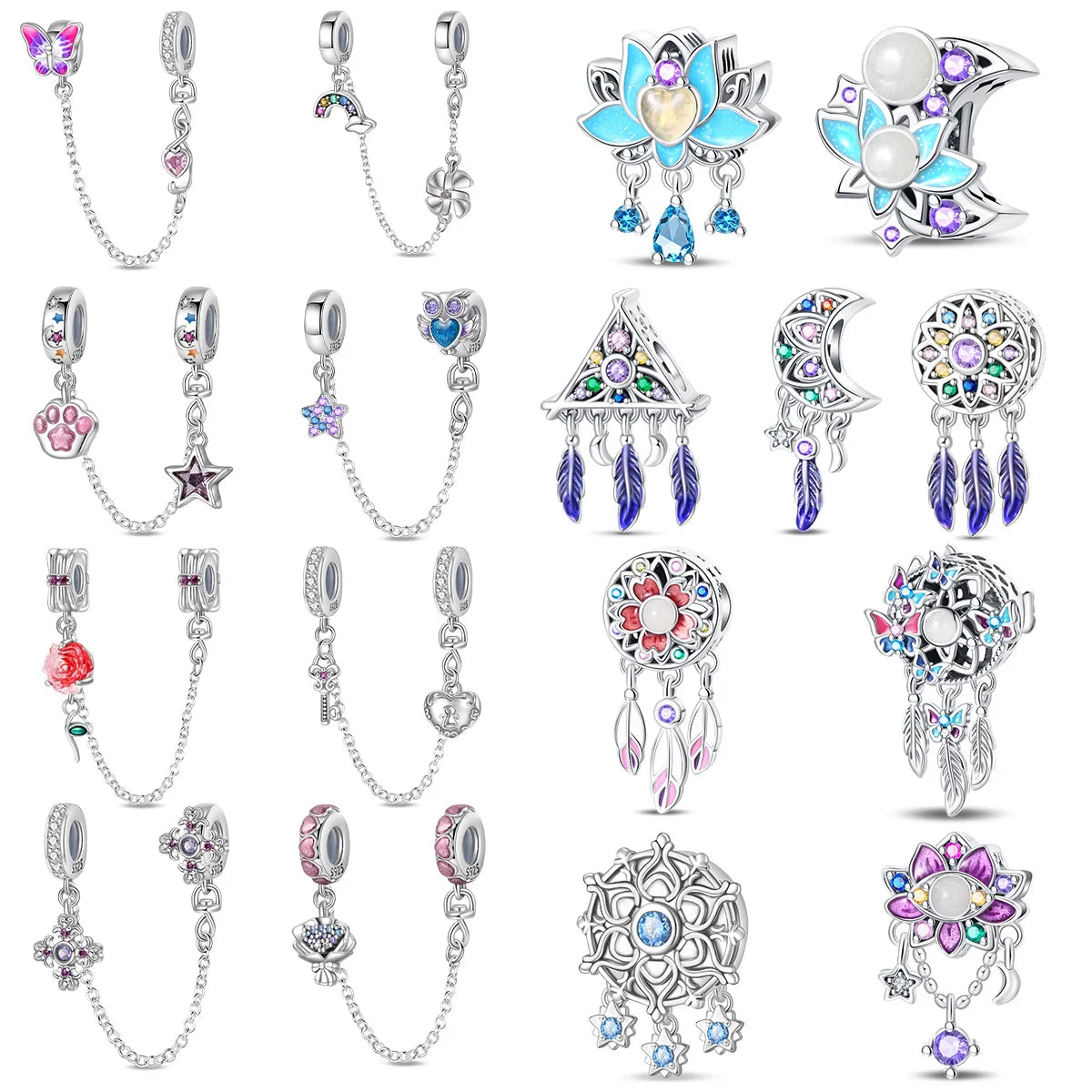 New 925 Sterling Silver Crescent Moon Dream Catcher Safety Chain Pendant Fit 4mm Aperture Bracelet Snake Chain Beaded Women Gift