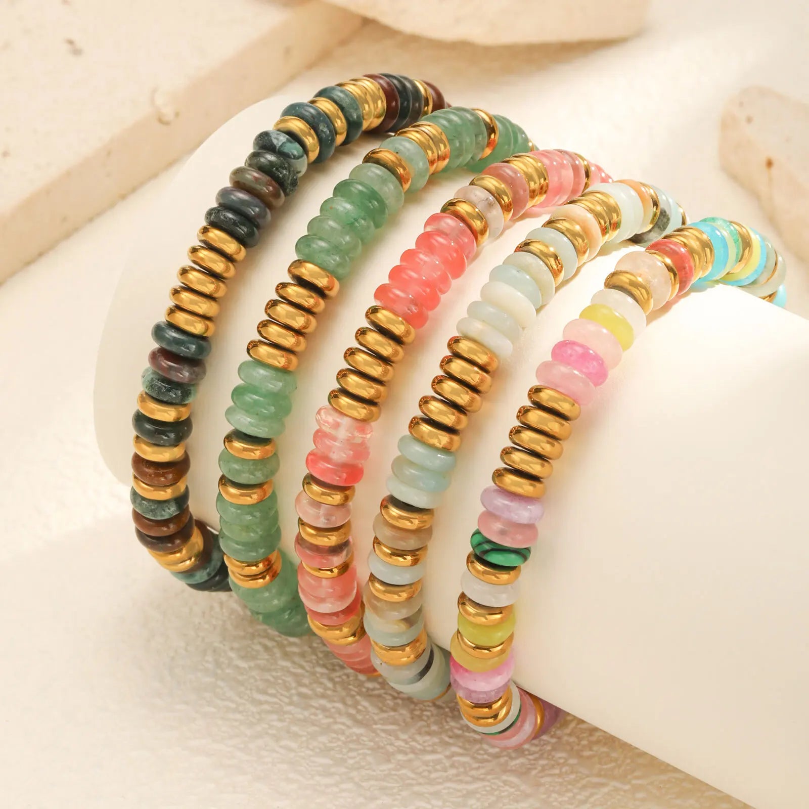 Vnox Multicolor Natural Stone Women's Bracelet Stainless Steel Gold Plated Flat Bead Chain Bracelet Female Jewelry Accessories