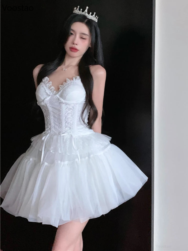 French Sexy Mesh Princess 2 Piece Set Women Beach V-Neck Lace Bandage Slim Camisole Crop Tops High Waist Fluffy Mini Skirts Suit