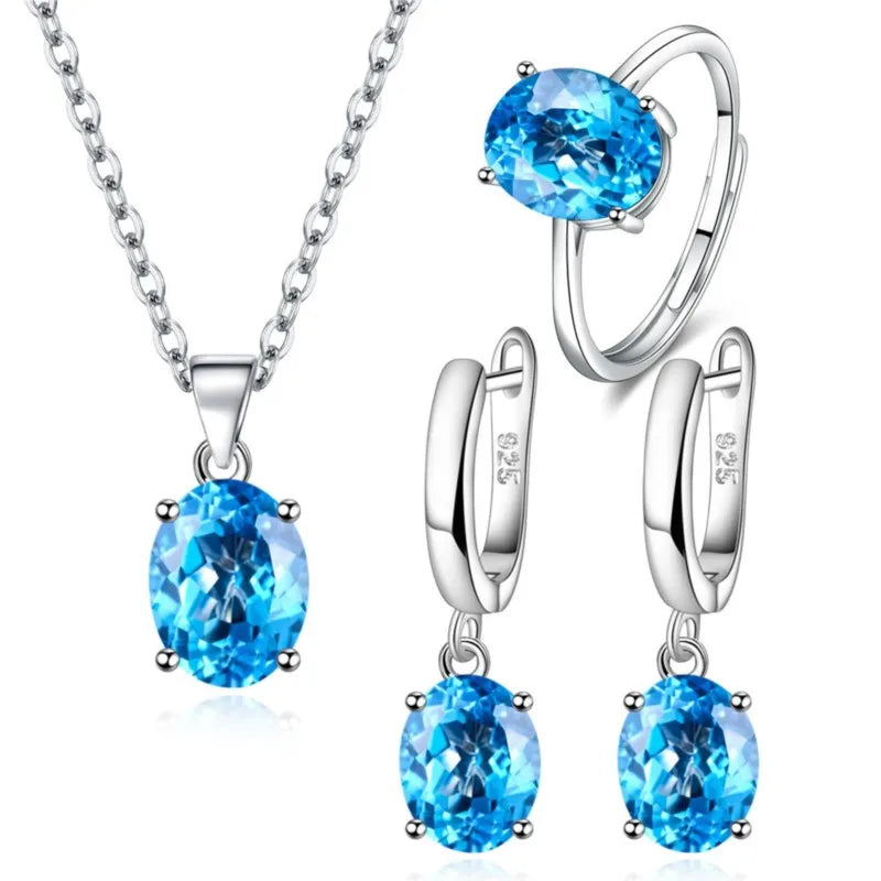 Natural Amethyst Citrine Garnet Peridot Blue Topaz 925 Sterling Silver Ring Earring Pendant Necklace Jewelry Set