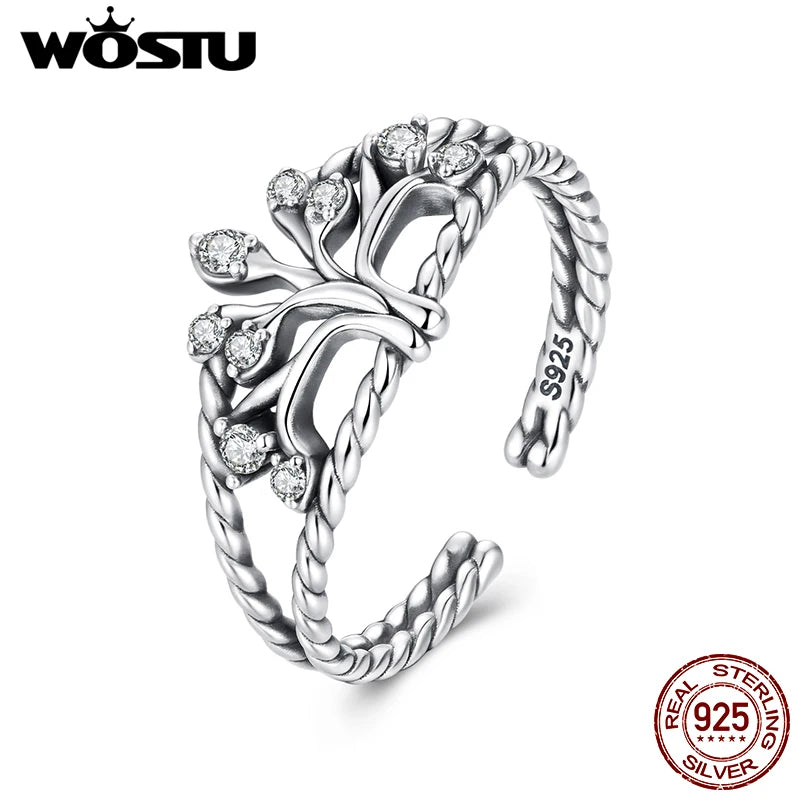 WOSTU Tree of Life Ring 925 Sterling Silver Open Adjustable Ring, Women AAA cubic zirconia Vintage Twist Rope Rings Family Gift