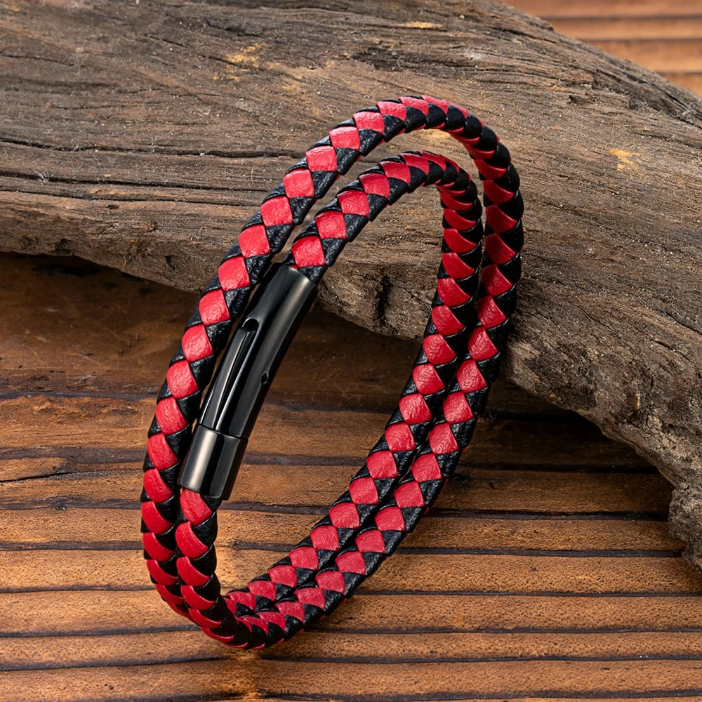 MKENDN Classic Simple Blue Black Braided Leather Bracelet Men Women Handmade Woven Double-Layer Design Stainless Steel Jewelry