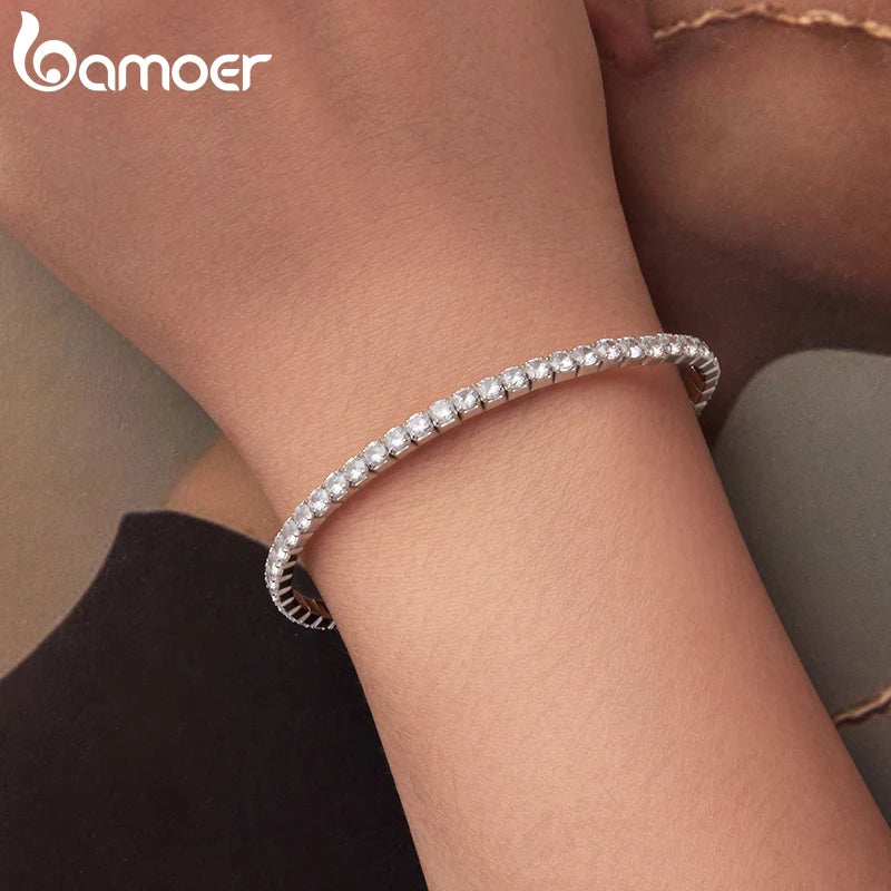 BAMOER Luxus-Tennisarmband aus 925er Sterlingsilber mit Pavé-Fassung, dehnbar, mit runden Zirkonia-Steinen, klassisches Geschenk für Damen zur Hochzeit