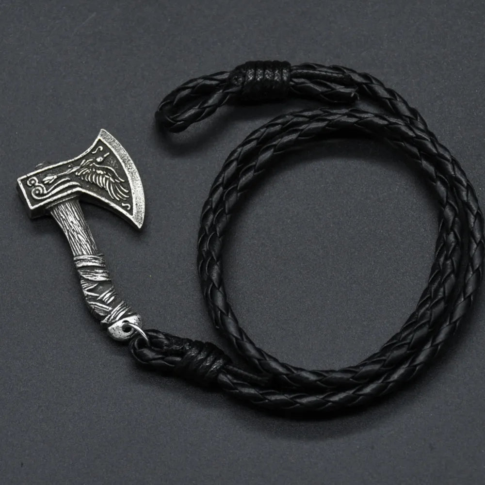 Herrenarmband, slawisches Perun-Axt-Wickelarmband, Wikinger-Armbänder für Männer, geflochtenes mehrschichtiges Lederzubehör, Wolfsbeil-Armband