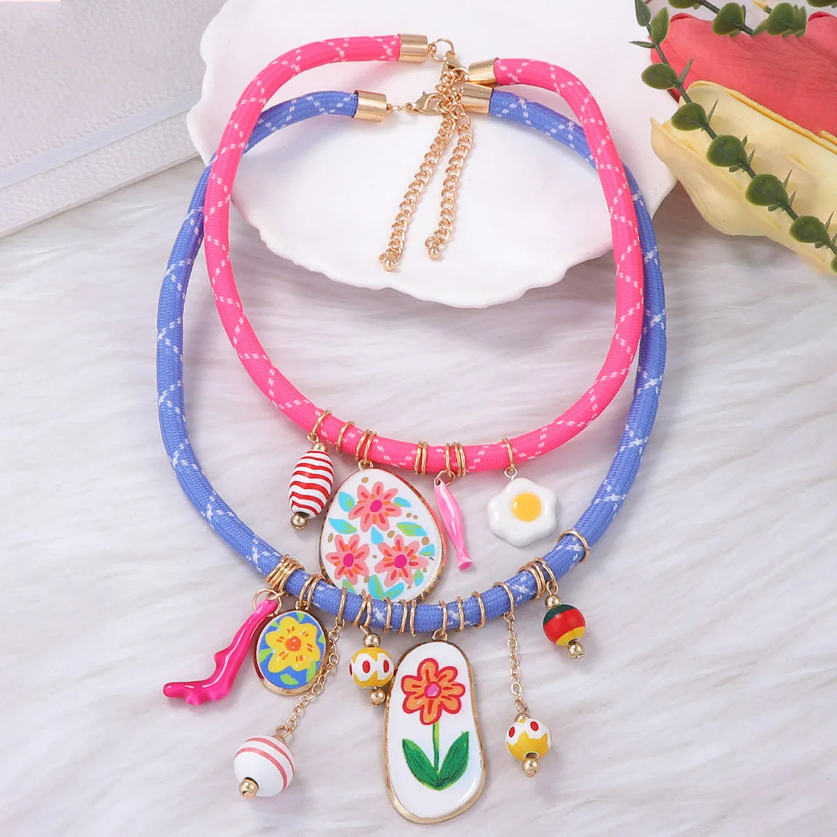 ZAA Personalized Trendy Colorful Rope Flower Coral Egg Necklace
