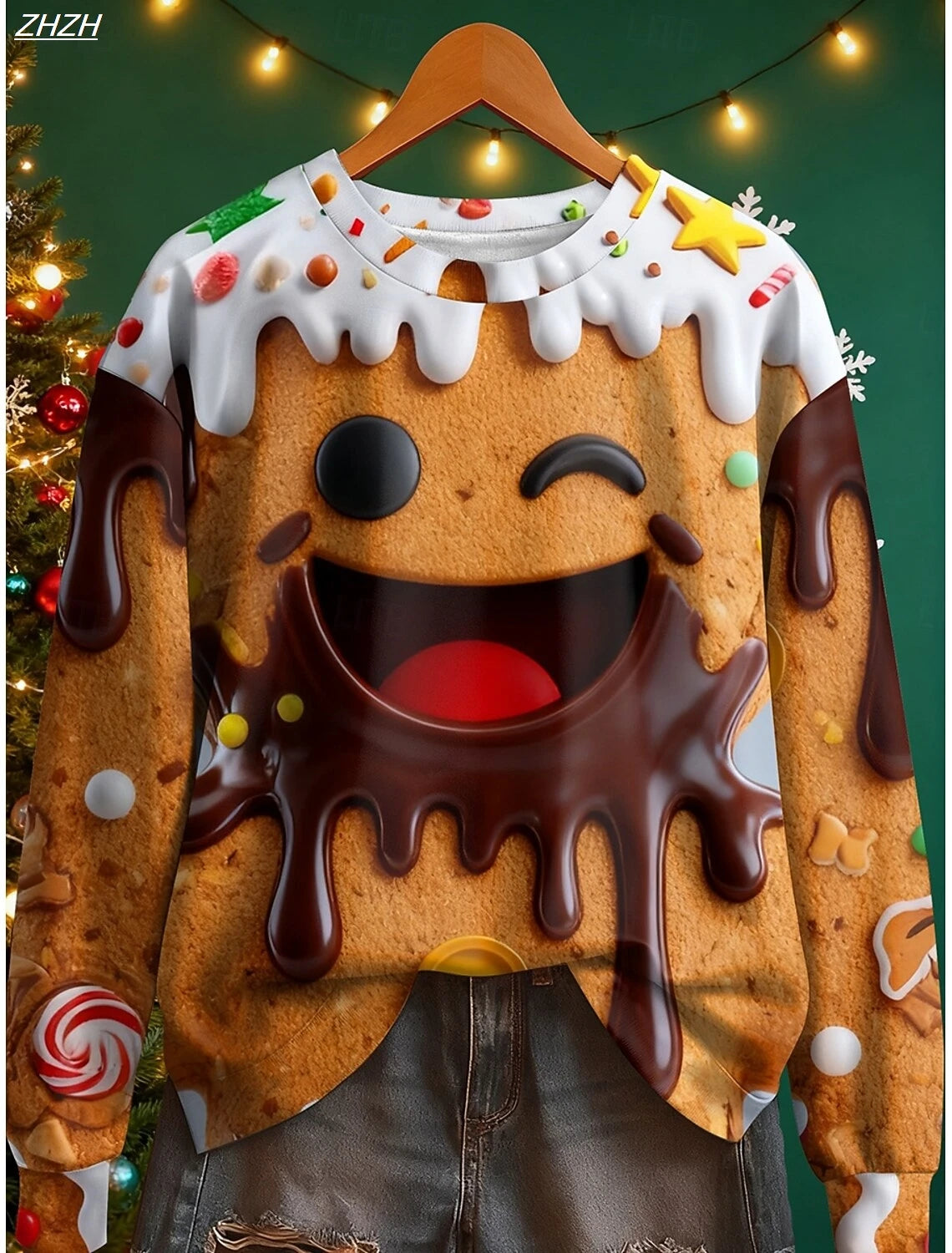 2025 Women's Christmas Face Print Sweatshirt, Holiday Home Wear, Festive Street Style, Fall Winter Casual Crewneck Pullover