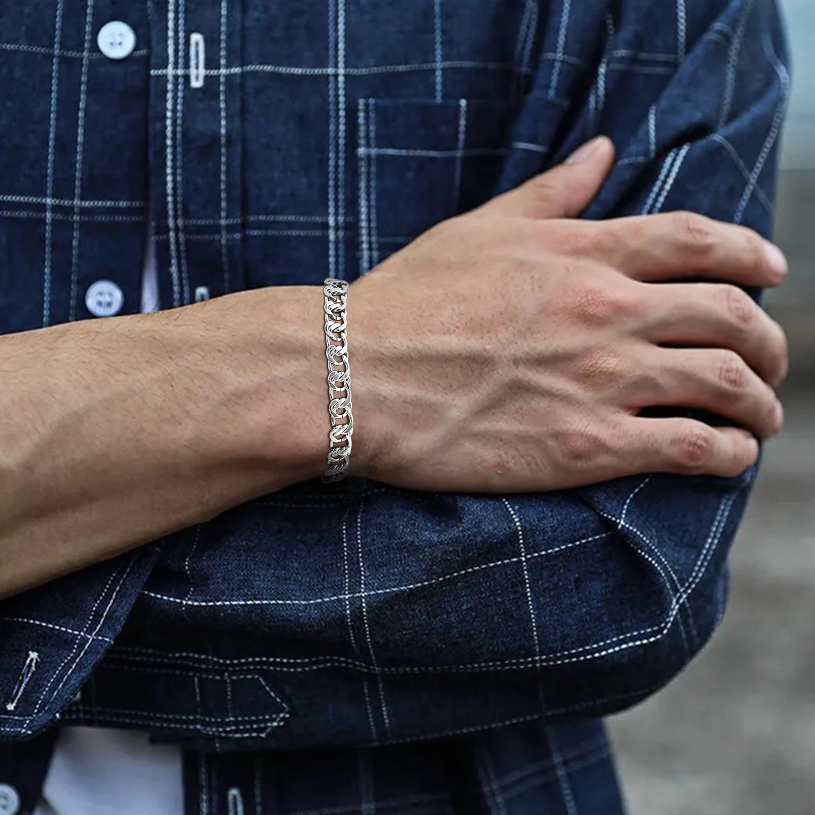 Vnox Double Knot Cuban Chain Bracelets for Men Women, Waterproof Silver Color Stainless Steel Bracelet Hand Jewelry