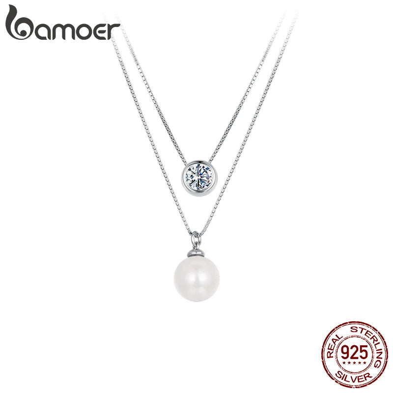 BAMOER Moissanite Pearl Necklaces for Women, Dainty 925 Sterling Silver Choker Double Layer Necklace Elegant Jewelry Necklaces