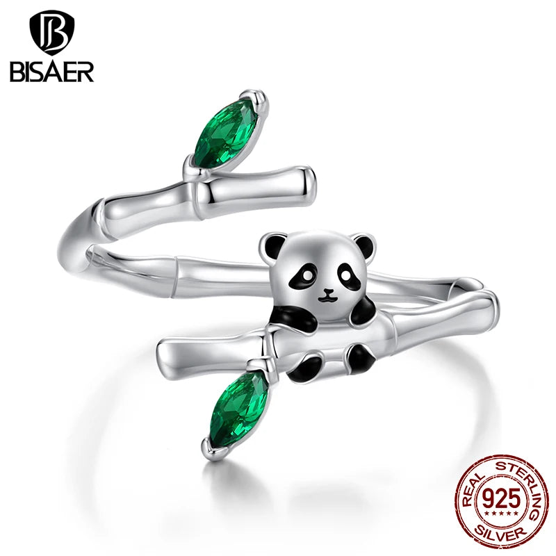 BISAER Bague ouverte en argent sterling 925 en forme de panda mignon en bambou émaillé taille réglable 5-9 bande plaquée or pour femme bijoux fins de fête
