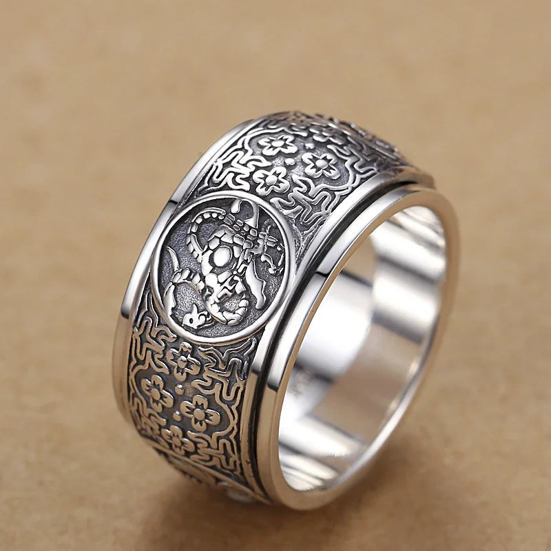 Drehbarer Ring mit mächtigen Tieren für Männer, Schmuck, dominanter Retro-Schnitzring mit Blumenmotiv, Geburtstagsgeschenk für Männer und Freunde, viele Größen