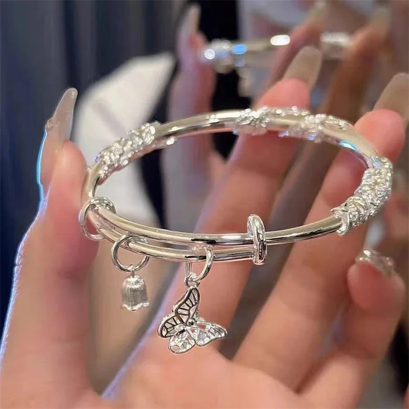 Korean Exquisite Butterfly Flower Push Pull Adjustable Bracelet For Women Silver Color Bowknot Bell Opening Bangle Party Jewelry