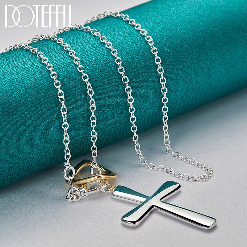 DOTEFFIL 925 Sterling Silver Cross Heart Pendant Necklace For Woman Man Wedding Engagement Party Charm Jewelry