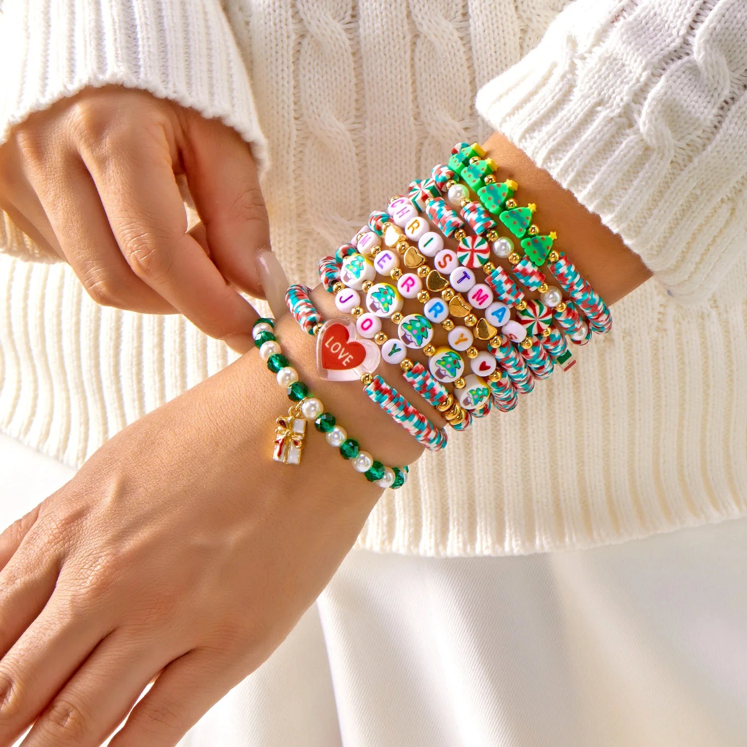 10 Pcs Christmas Crystal Beaded Stackable Bracelet For Women Santa Claus Xmas Tree Snowflake Letter Beads Bangle Party Jewelry