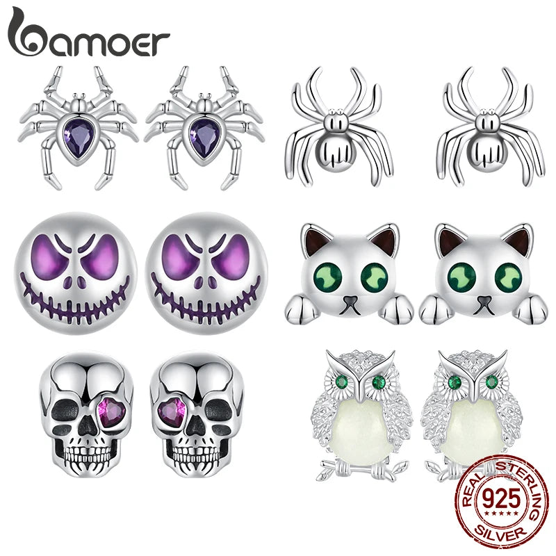 Bamoer Original 925 Sterling Silver Spider Earring Skull Grimace Ear Stud Animal For Women Men Halloween Party Gift Fine Jewelry