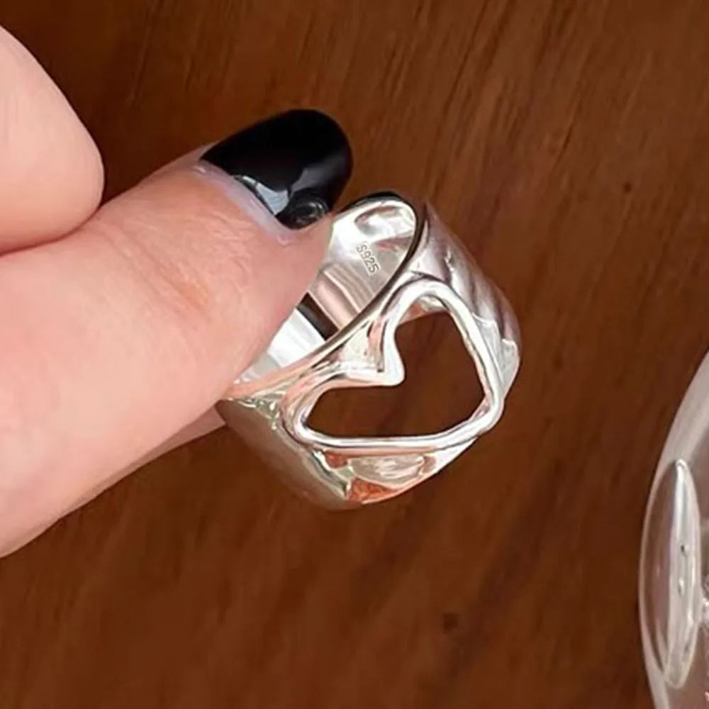 BF CLUB 925 Sterling Silver Rings For Women Open Minimalist Retro Heart Ring Creative Anillos Bague Fine Jewelry