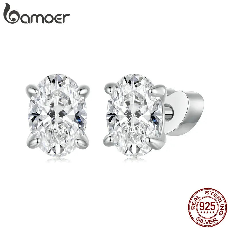 BAMOER 925 Sterling Silver Classic Sparkling Oval Solitaire CZ Stud Earrings for Women, White Gold Plated Hypoallergenic Earring