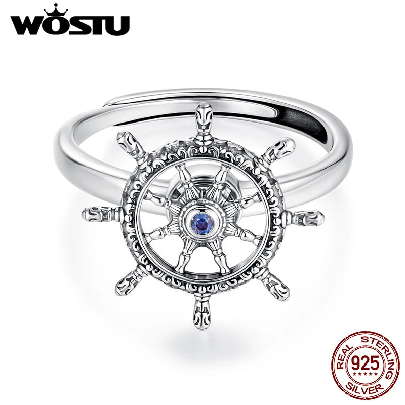 WOSTU 925 Sterling Silver Rotatable Helm Ring Steer Ships Ocean Original for Women Wife Anniversary Birthday Fine Jewelry Gift