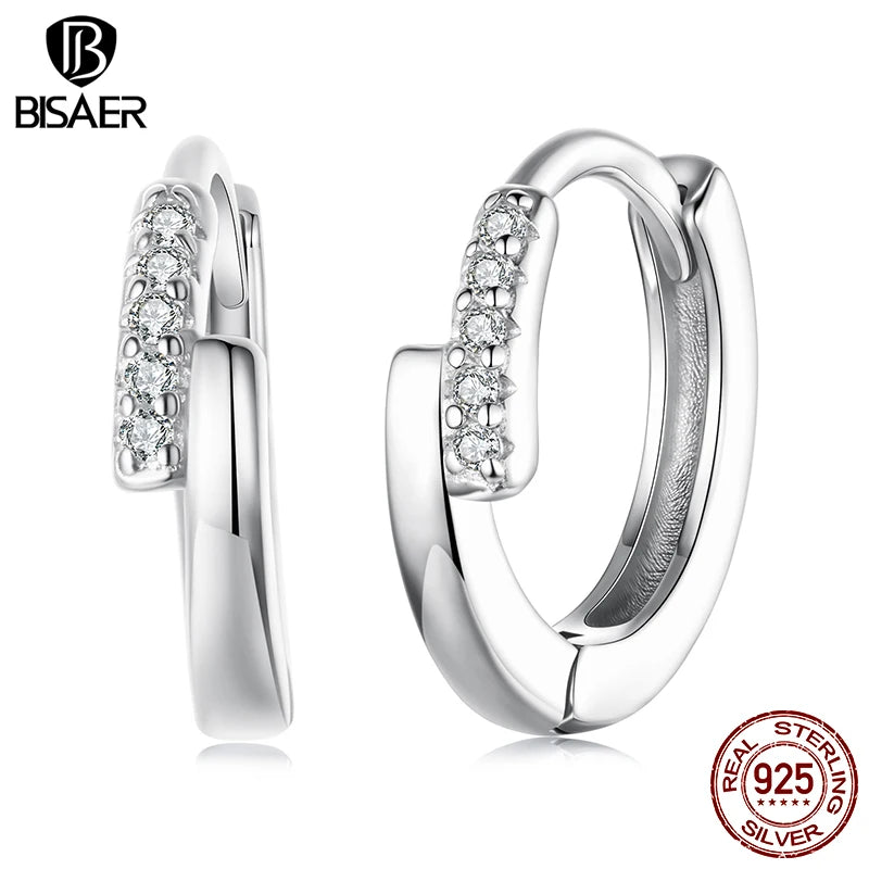 BISAER Solid 925 Sterling Silver Cross Hoop Earrings Round Huggie Earrings Plated White Gold for Women Party Fine Jewelry Gift