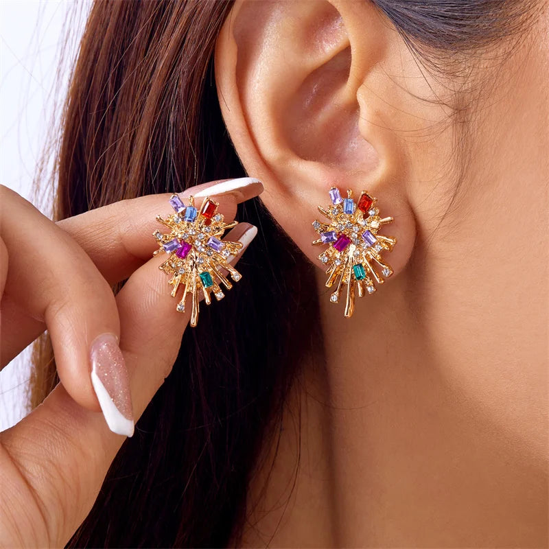 Sparking Snowflake Firework Stud Earrings For Women Girls Rhinestone Exquisite Zircon Piercing Earring Girls Party Charm Jewelry