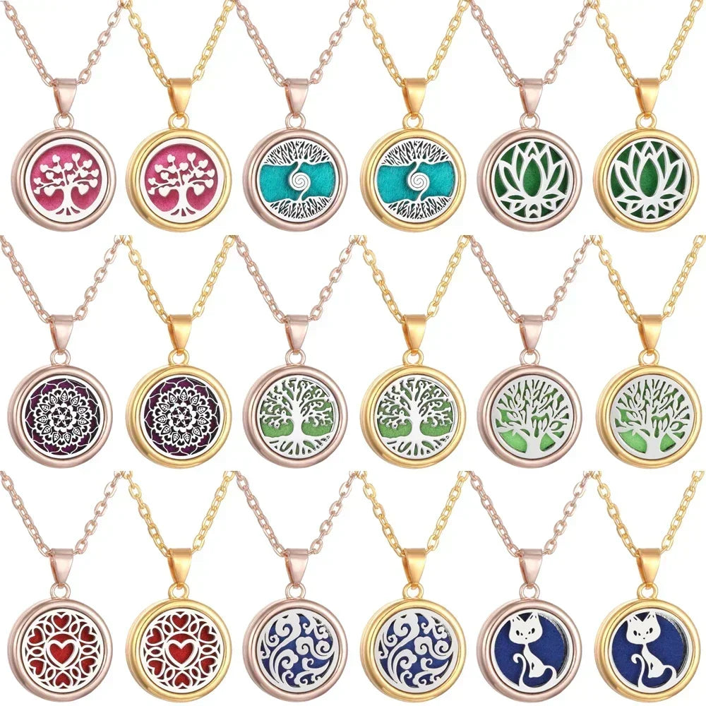2025 New Tree of Life Aromatherapy Necklace Golden Rose Color Open Locket Scent Aroma Perfume Essential Oil Diffuser Necklace