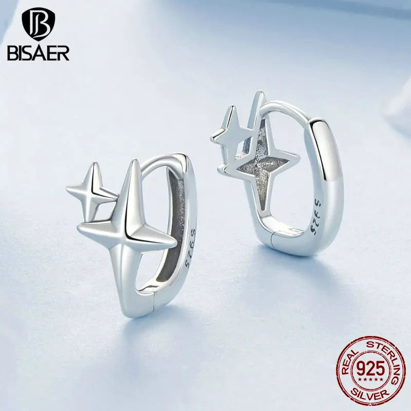 BISAER Boucles d'oreilles créoles en argent sterling 100 % 925 avec étoiles de rêve pour femme, bijoux de fête, de mariage, de fête, EFE1076