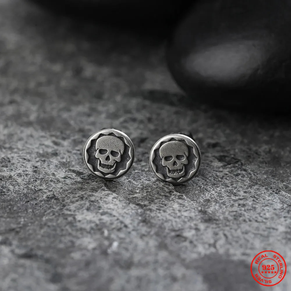 MKENDN 100% 925 Sterling Silver Creative Retro Skull Stamp Stud Earring Trendy Street Punk Style Ear Pin for Men Women Jewelry