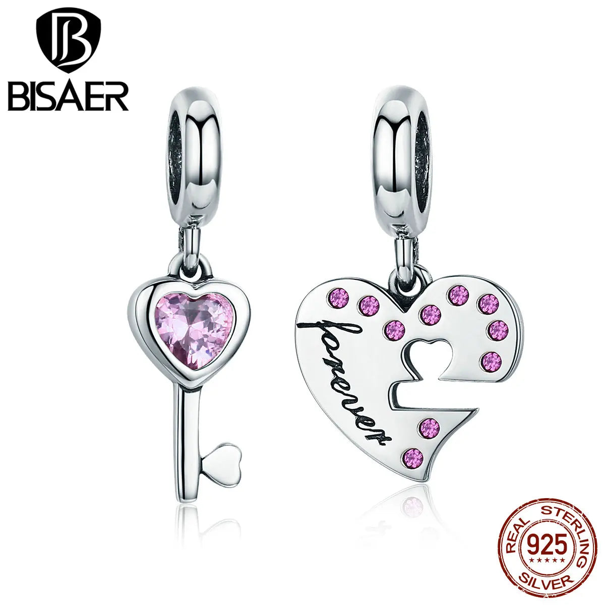 BISAER 925 Sterling Eternal Love Charm Bead A Pair of Heart Locks Pendant Fit Couple Friends DIY Bracelet Necklace Fine Jewelry