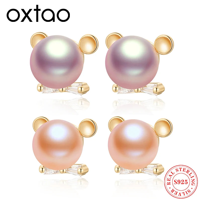 OXTAO Cute Children'S Mini Earring 6-6.5Mm Natural Cultivation Freshwater Fashion Comprehensive Pearl Bear Stud Earrings Jewelry