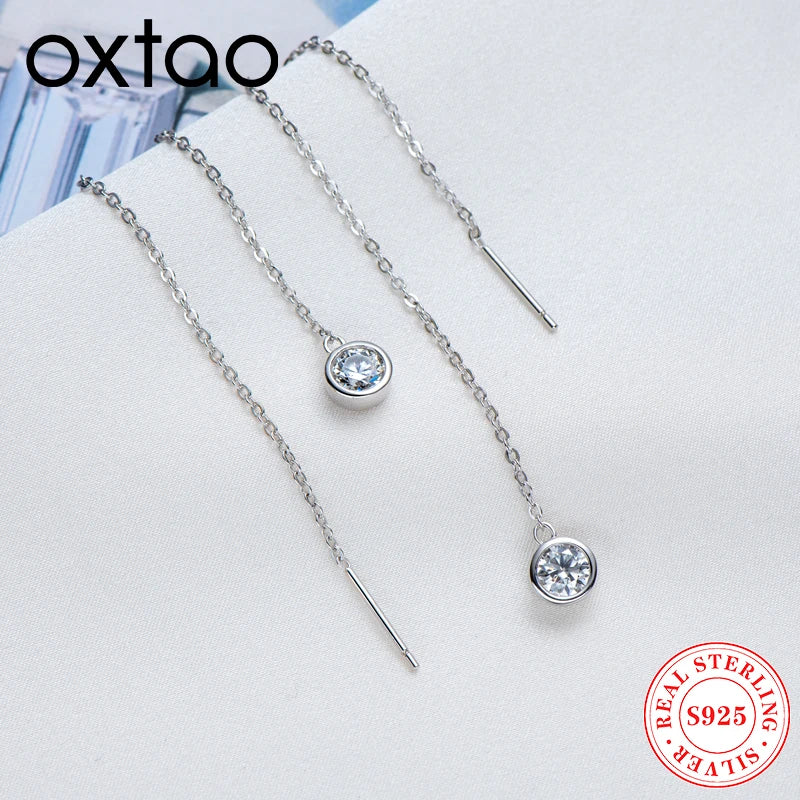 OXTAO Dangle Tassel Earrings D VVS1 5mm Moissanite Earring Ladies 925 Sterling Silver 14K Gold Plated Wedding Jewelry Gift