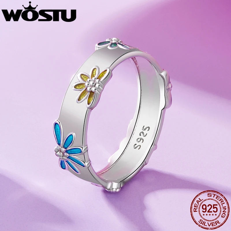 WOSTU 100% 925 Sterling Silver Colorful Daisy Finger Ring For Women Shiny Zircon Wide Band Flower Rings Girl Party Birthday Gift
