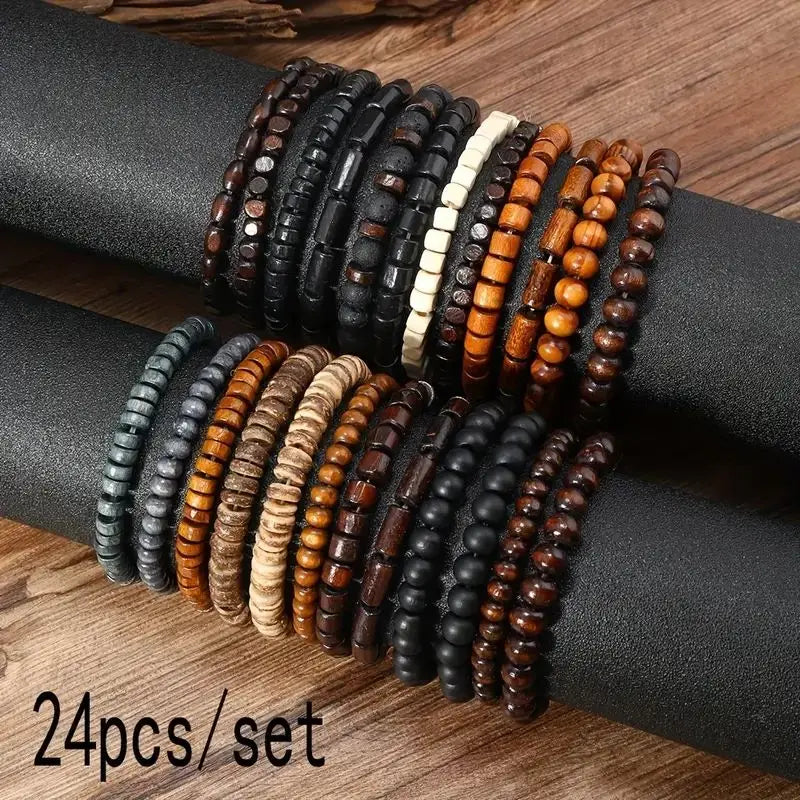 24pcs/set Men's Retro Trendy Multi-layer Bracelet Set, Versatile Elastic Thread Wooden Bead Bracelet