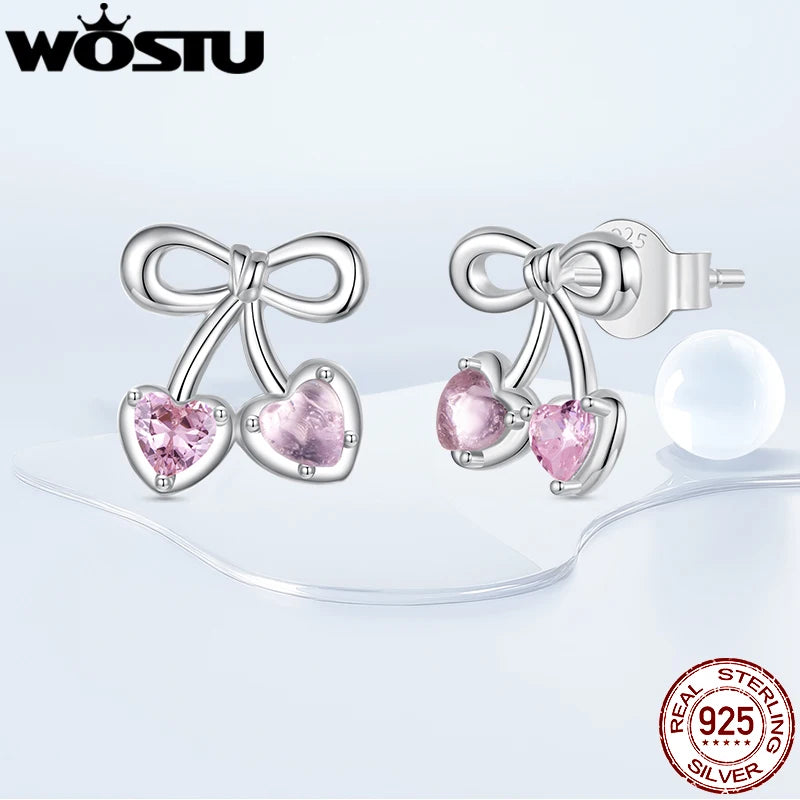 WOSTU Pink Cherry Bow Earrings For Women , Girl 925 Sterling Silver Stud Earrings Birthday Party Gift, Hypoallergenic Studs Xmas