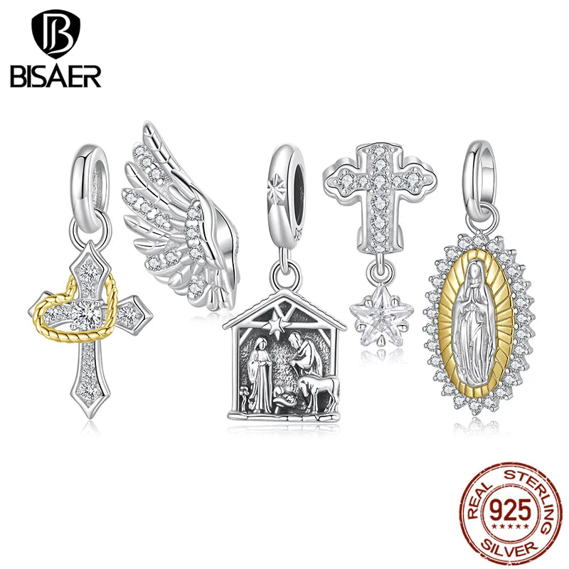 BISAER 925 Sterling Silver Cross Charms Beads Jesus Nativity Scene Pendant Faith Men Women DIY Bracelet & Necklace Fine Jewelry