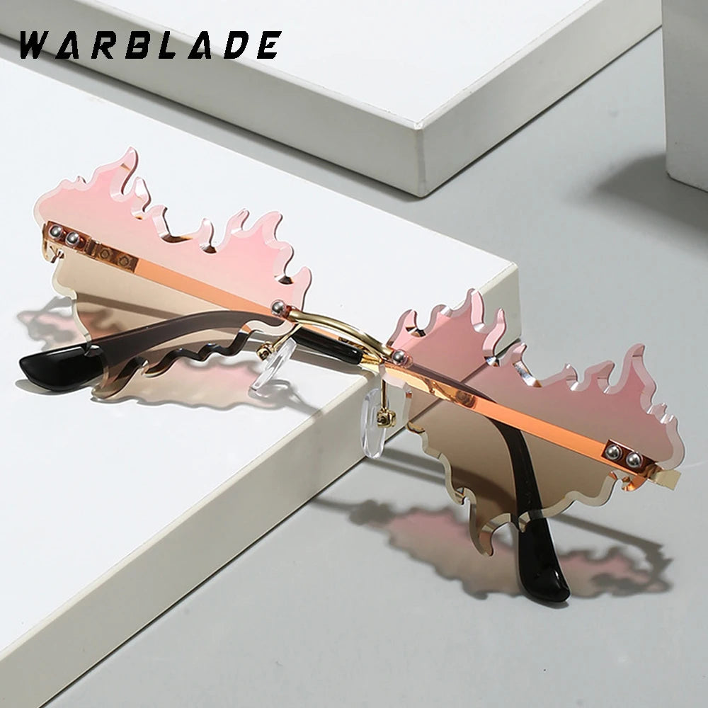 Fashion Rimless Sunglasses Women Personality Flame Heart Style Lens Gradients Golden Metal Frame Luxury Brand Designer Eyewear